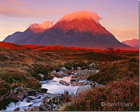 The munro, Buchaille Etive Mor, at first light on an autumnal morning overlooking the River Etive, Argyll and Bute, Scotland 