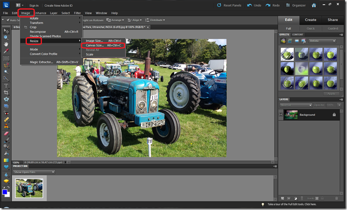 Select Canvas Resize option under Image menu of Adobe Photoshop Elements