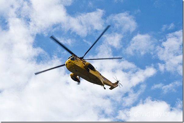 Westland Sea-King helicopter of the Royal Air Force Air-Sea Rescue service flying from Boulmer, Northumberland, England