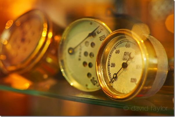 Collection of automobile gauges on display in the garage at Beamish Open-Air Museum, County Durham, England