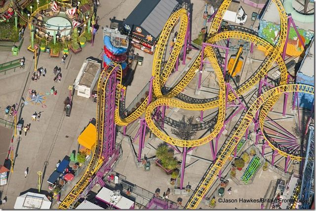 Fun land A rollercoaster track twists and turns to form an incredible colourful image at this amusement park in Southend-on-Sea
