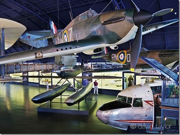 The 'Flight' gallery in the Science Museum, London. Aircraft pictured include a Hawker Hurricance Mk.I. L.1592, Supermarine Spitfire, Douglas DC-3 'Dakota' and the Supermarine Seaplane, S.6.B. S.1595