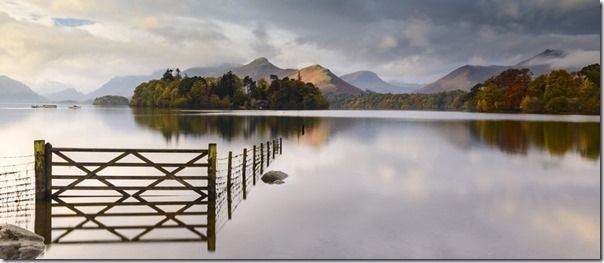 Derwentwater, early morning view and reflection, The Lake District, UK. October 2012.