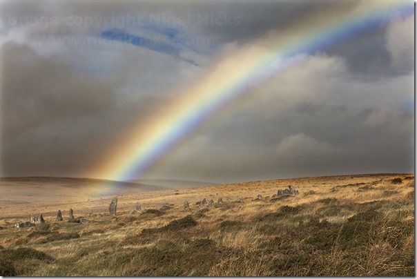 A rainbow above Scorhill Rocks, standing stones on Scorhill Down, nr Chagford, Dartmoor National Park, Devon, Great Britain.,  calendars, How to publish a calendar, How to Publish a Photography Calendar, Higel Hicks Dorcet Light, Somerset Light, Devon Light,