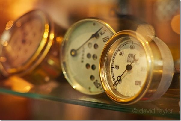 Collection of automobile gauges on display in the garage at Beamish Open-Air Museum, County Durham, England