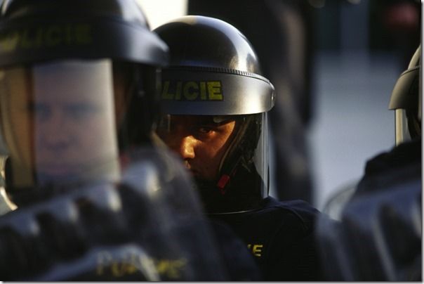 Riot Police wait to charge during the riot. Anti Globalisation riots Prague, Czech Republic