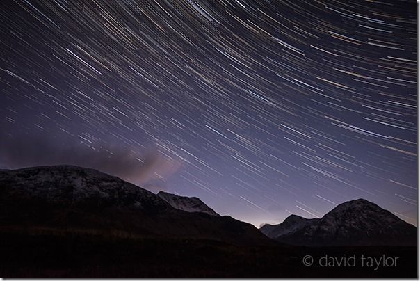 Star trail of the south-western sky over Buachaille Etive Mor in the Scottish Highlands
