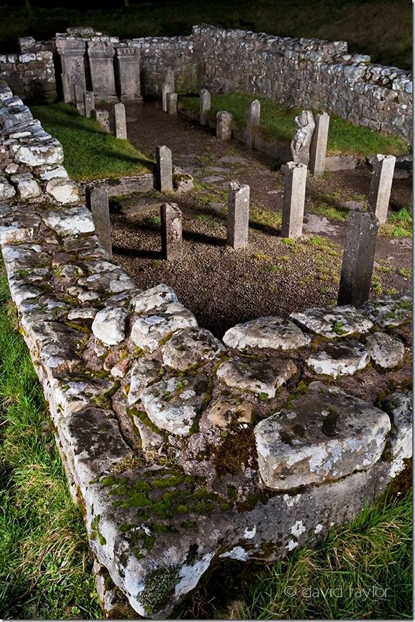 The temple and altar stones in the Mithraic temple of Brocolitia along the route of Hadrian's Wall in the Northumberland National Park, England, Painting with Light, Flash. Long exposure, torch, How to use a torch in your photography, flasggun, camera flash, LEDs, ambient light,