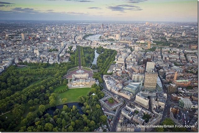 Jubilee year Buckingham Palace dominates the landscape in this aerial view of London